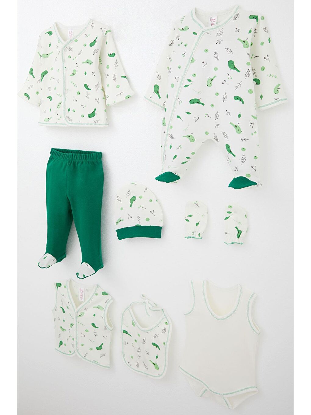 Kız Bebek Hastane Çıkışı 8 Li Bahar Temalı Sevimli Minik Serçe Desenli Ekru (0-3 Ay)-1