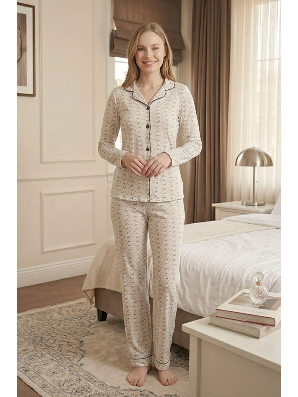 Ekru Fiyonk Detay Yumuşak Uzun Kol Pijama Takım Çiçek-5