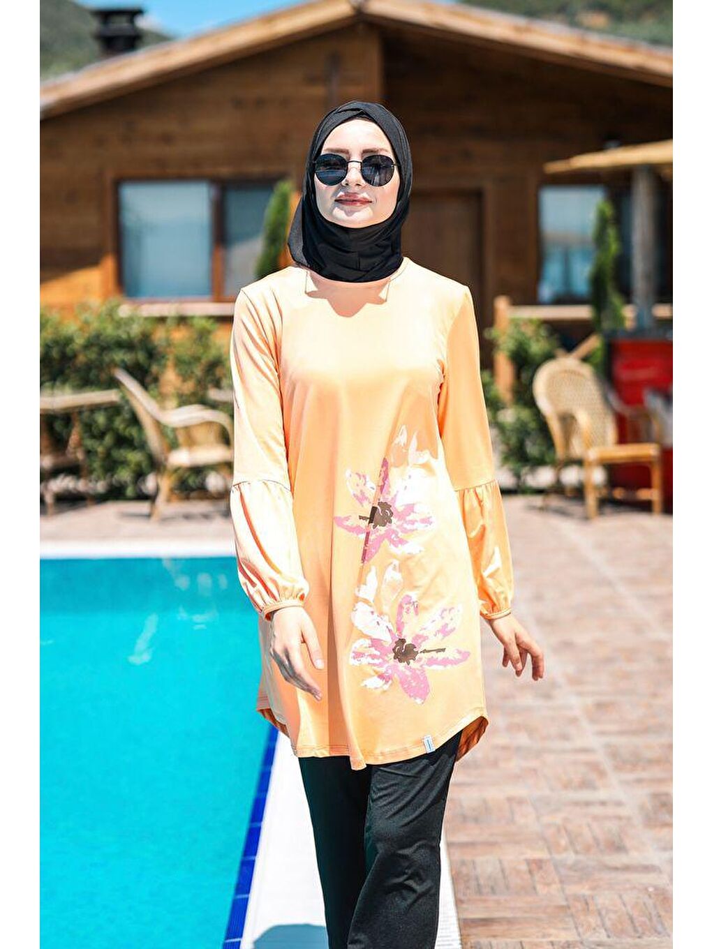 Ekru Çiçek Desenli Tam Kapalı Tesettür Mayo M2013-1