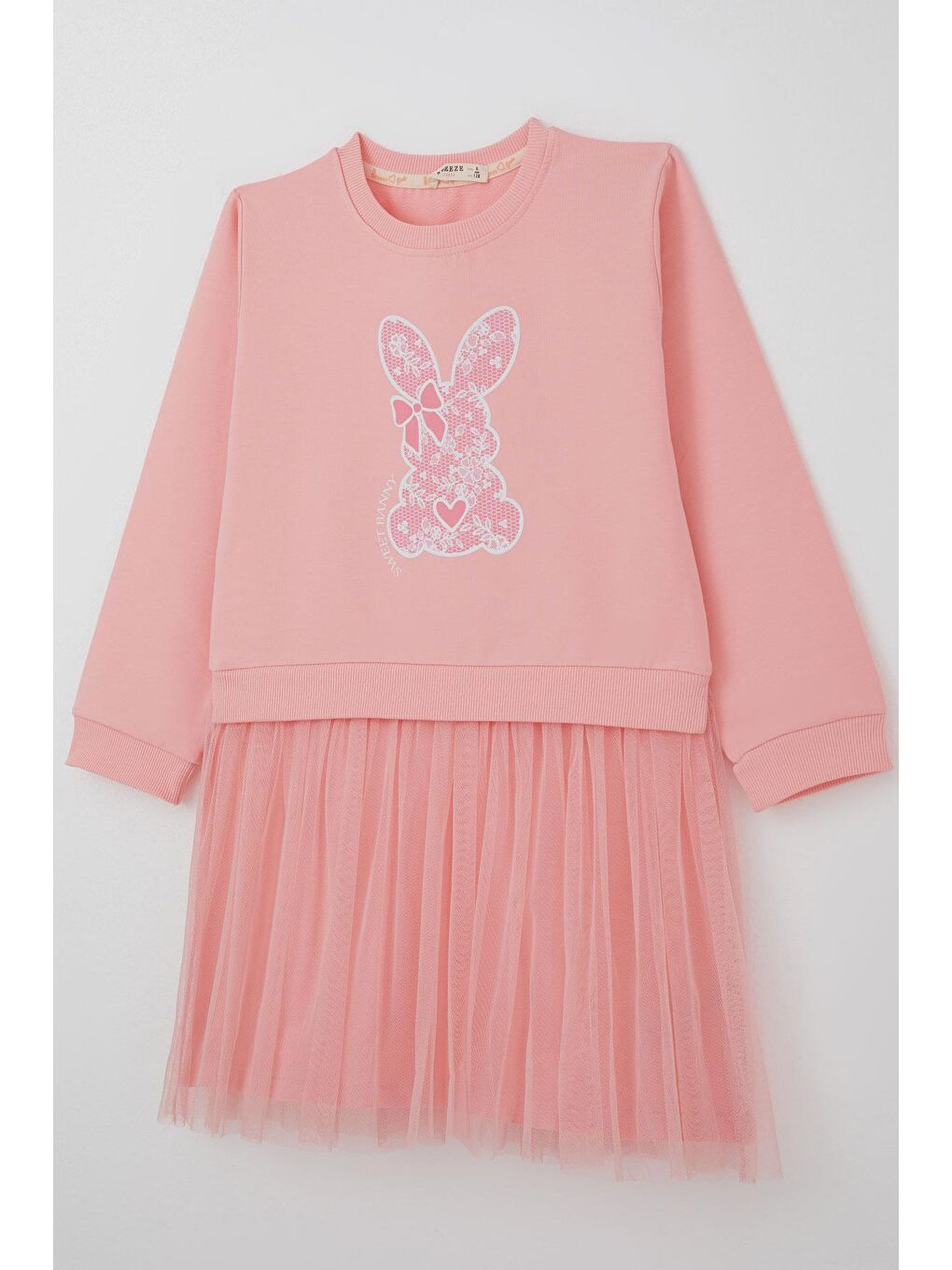 Kız Çocuk Uzun Kollu Elbise Sevimli Fiyonklu Kalpli Tavşancık Baskılı Pembe (4-9 Yaş)-2