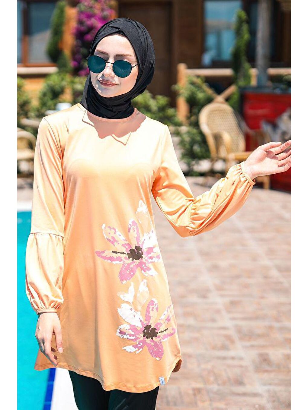 Ekru Çiçek Desenli Tam Kapalı Tesettür Mayo M2013-2