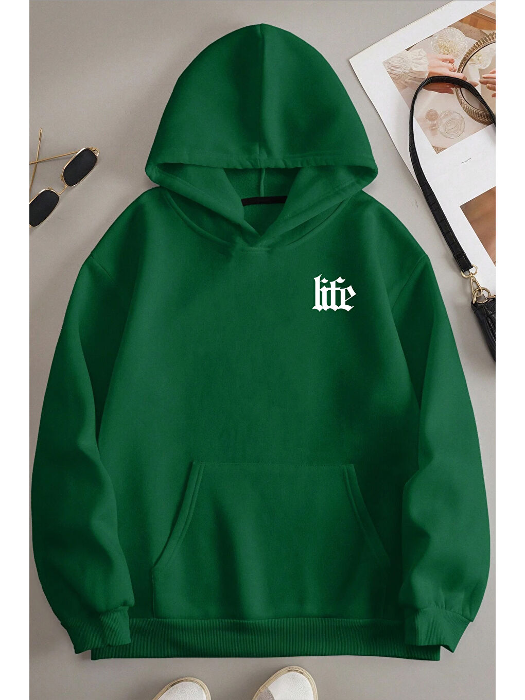 uyguntarz Yeşil Unisex Oversize Life Baskılı Sweatshirt - 1