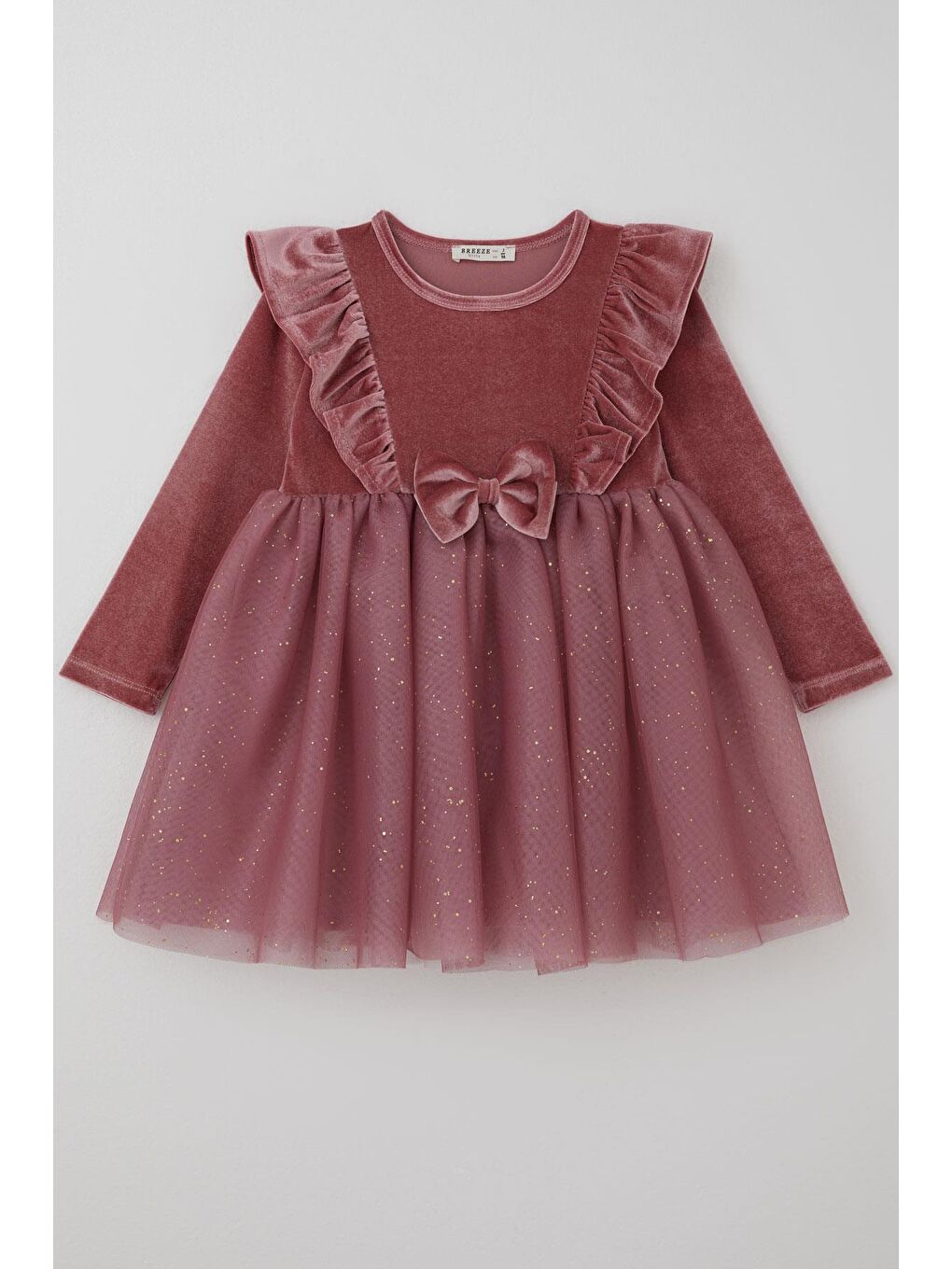 Pembe Kız Çocuk Uzun Kollu Kadife Elbise Fiyonk Aksesuarlı Tülü Detaylı Gülkurusu (5-8 Yaş)