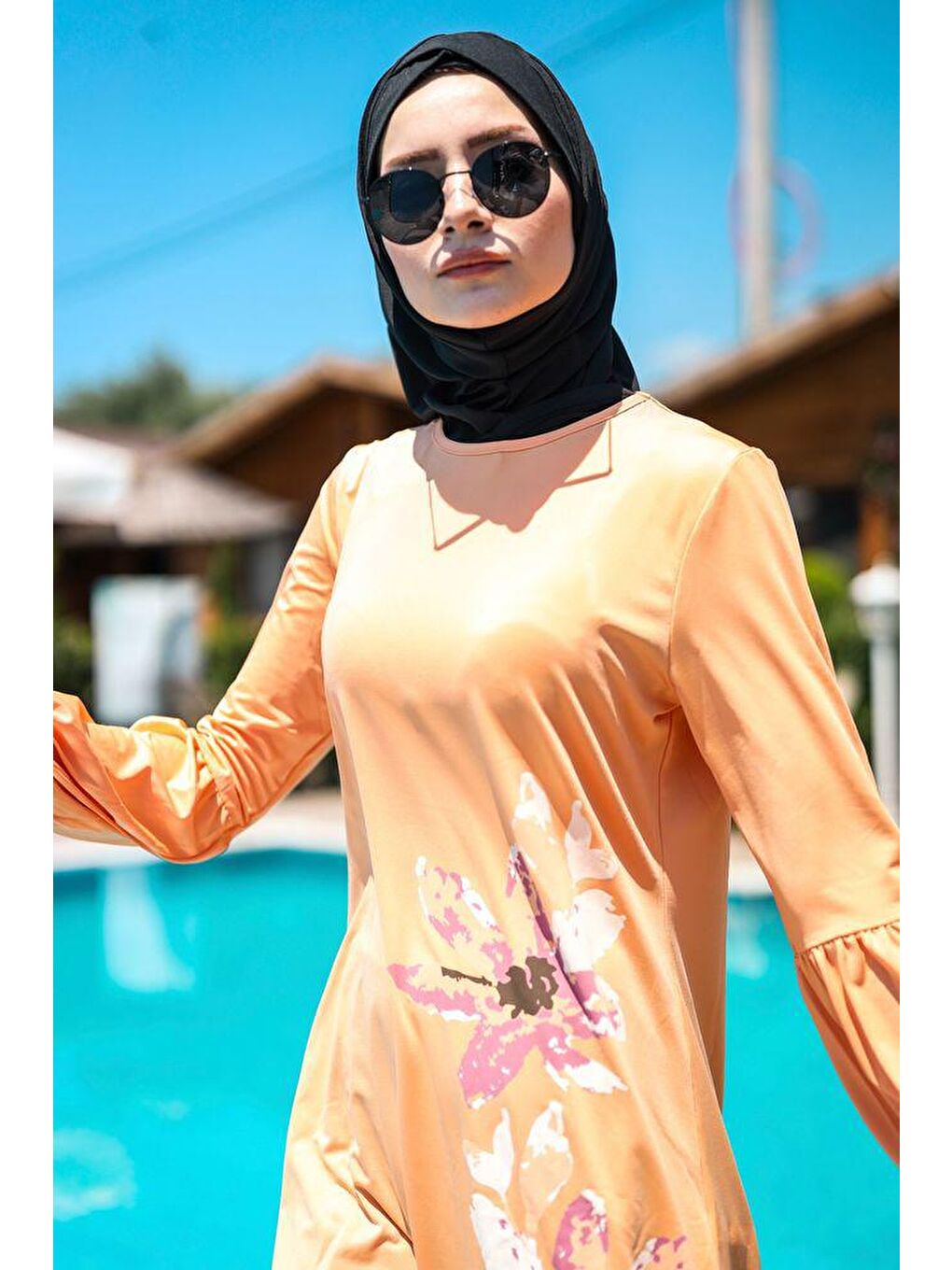 Ekru Çiçek Desenli Tam Kapalı Tesettür Mayo M2013-3