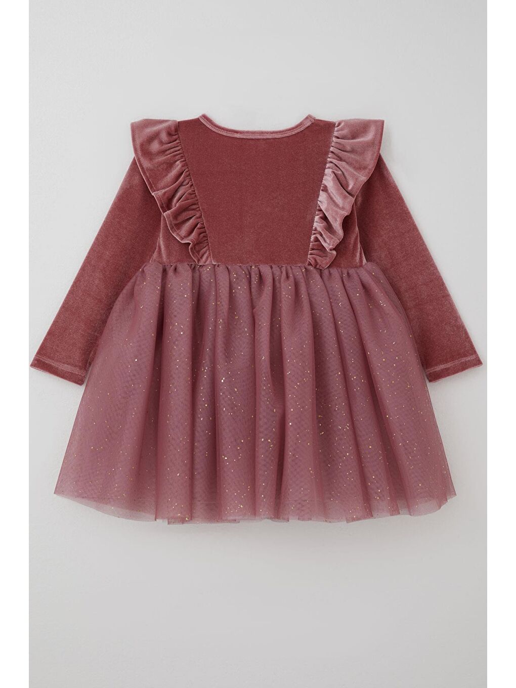Pembe Kız Çocuk Uzun Kollu Kadife Elbise Fiyonk Aksesuarlı Tülü Detaylı Gülkurusu (5-8 Yaş)-1