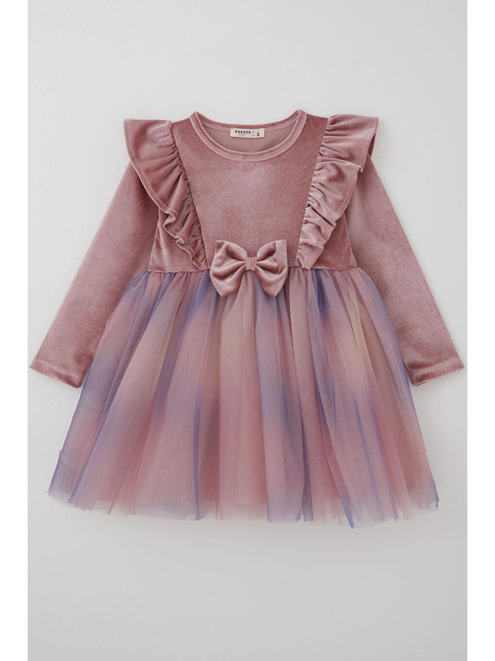 Pembe Kız Çocuk Uzun Kollu Kadife Elbise Fiyonk Aksesuarlı Tülü Sim Detaylı Gülkurusu (3-8 Yaş)