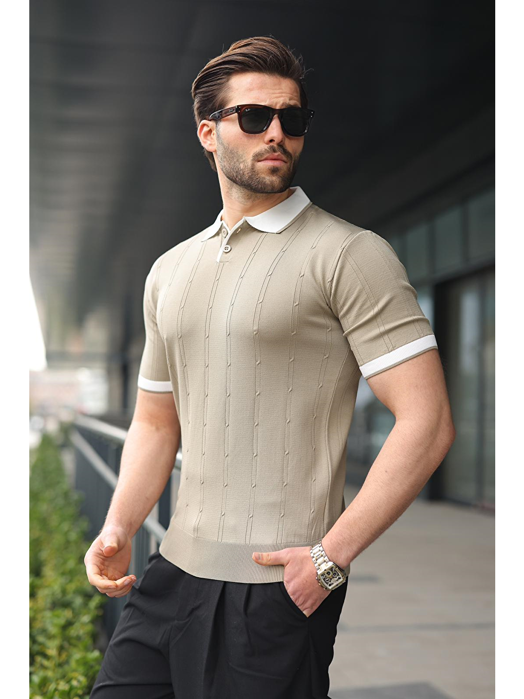 Bej Vizon Polo Yaka Triko Erkek Tişört E7470