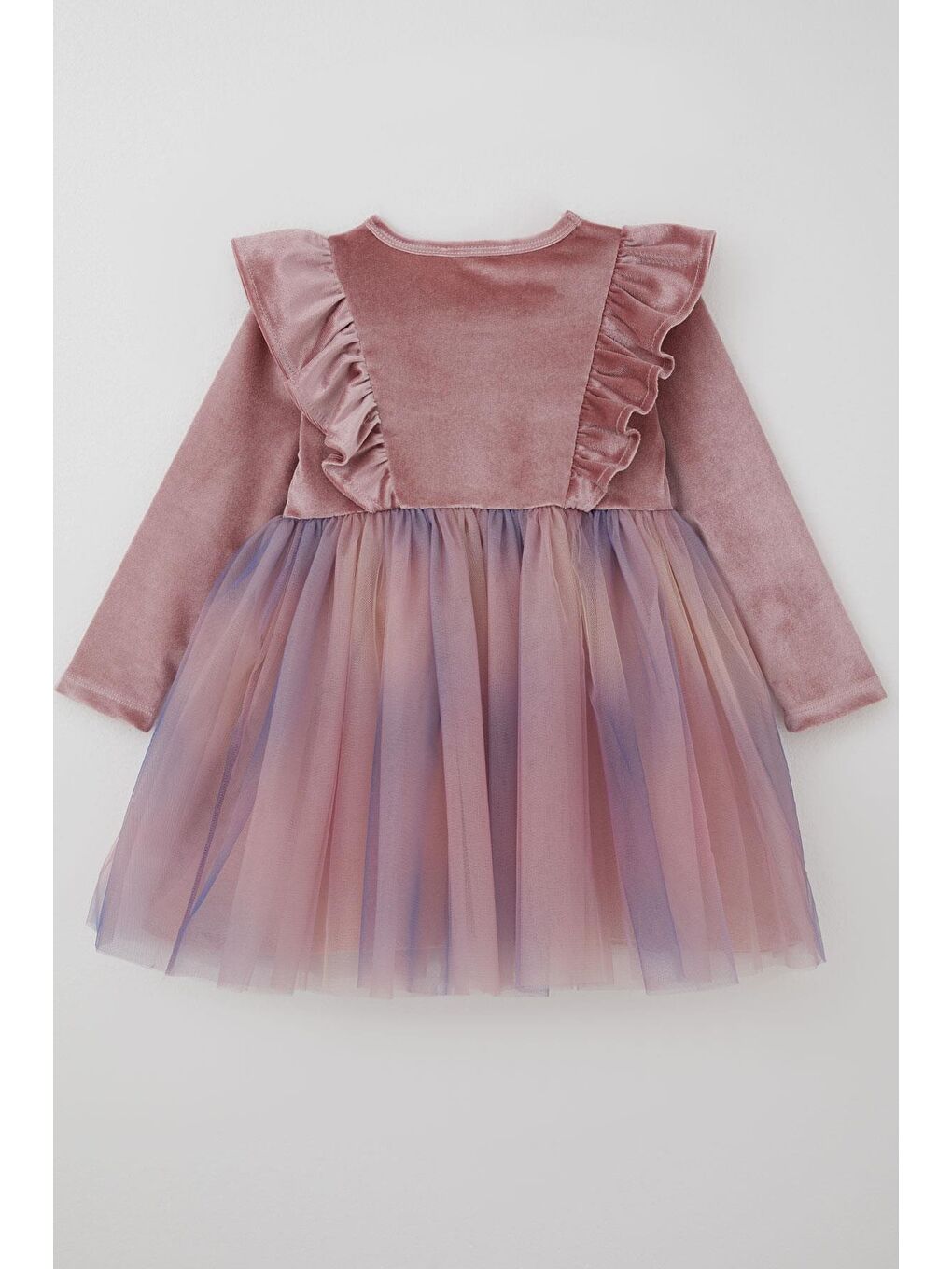 Pembe Kız Çocuk Uzun Kollu Kadife Elbise Fiyonk Aksesuarlı Tülü Sim Detaylı Gülkurusu (3-8 Yaş)-1