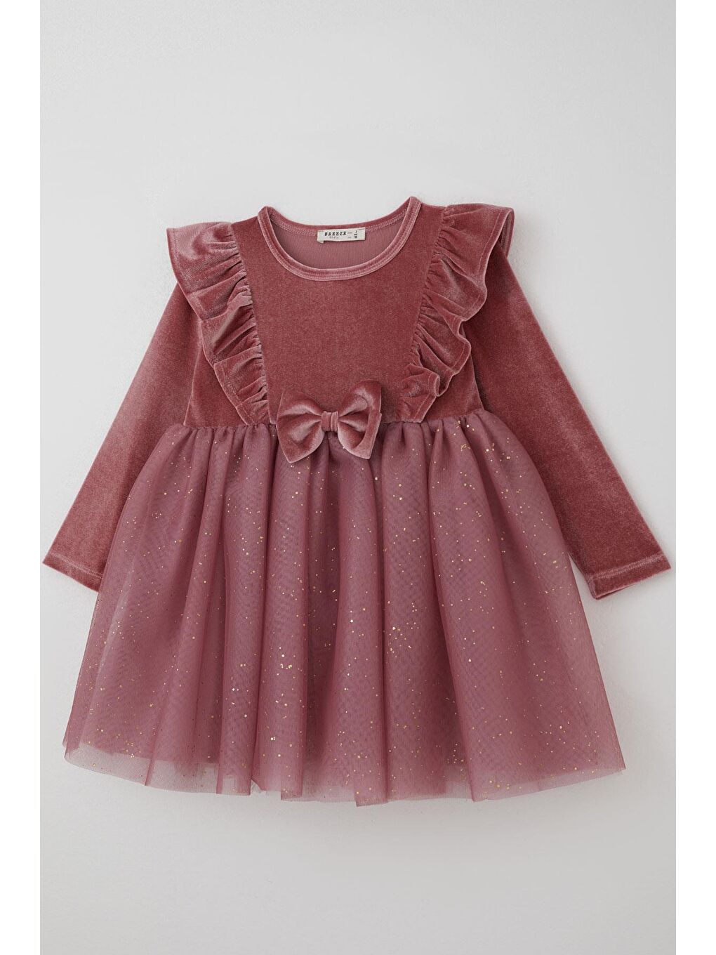 Pembe Kız Çocuk Uzun Kollu Kadife Elbise Fiyonk Aksesuarlı Tülü Detaylı Gülkurusu (5-8 Yaş)-2