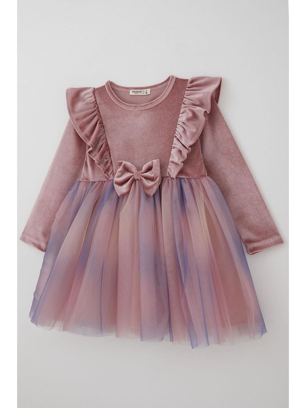 Pembe Kız Çocuk Uzun Kollu Kadife Elbise Fiyonk Aksesuarlı Tülü Sim Detaylı Gülkurusu (3-8 Yaş)-2