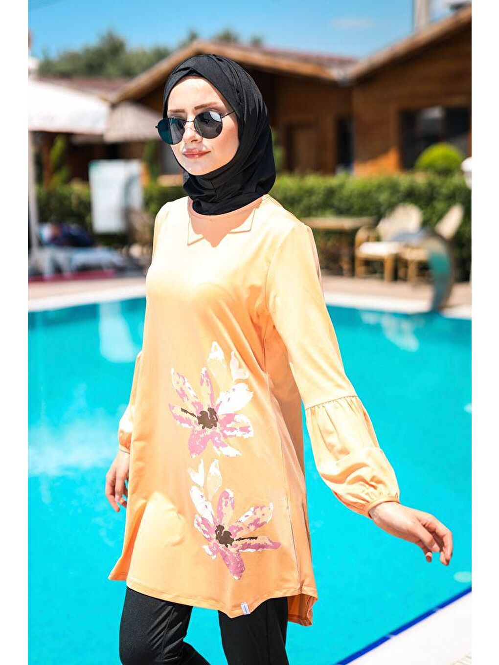 Ekru Çiçek Desenli Tam Kapalı Tesettür Mayo M2013-4