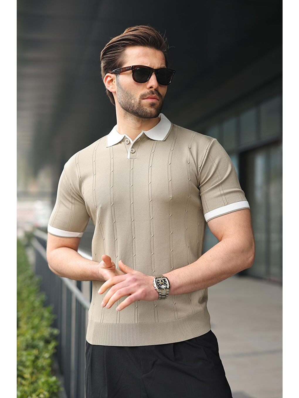 Bej Vizon Polo Yaka Triko Erkek Tişört E7470-1