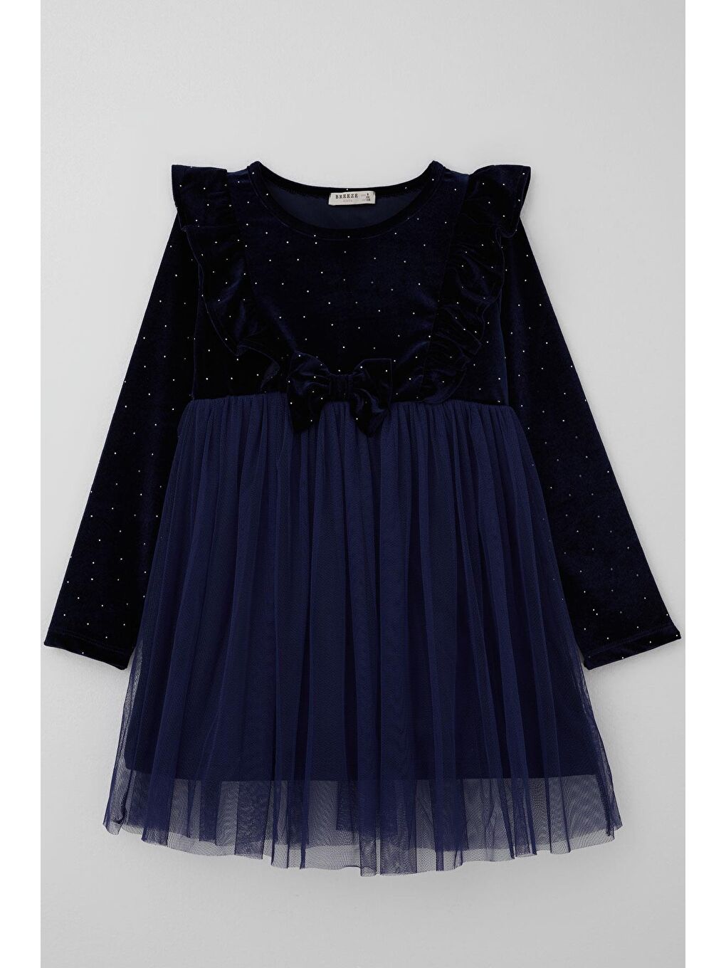 Kız Çocuk Uzun Kollu Kadife Elbise Taş Aksesuar Detaylı Tüllü Lacivert (4-8 Yaş)