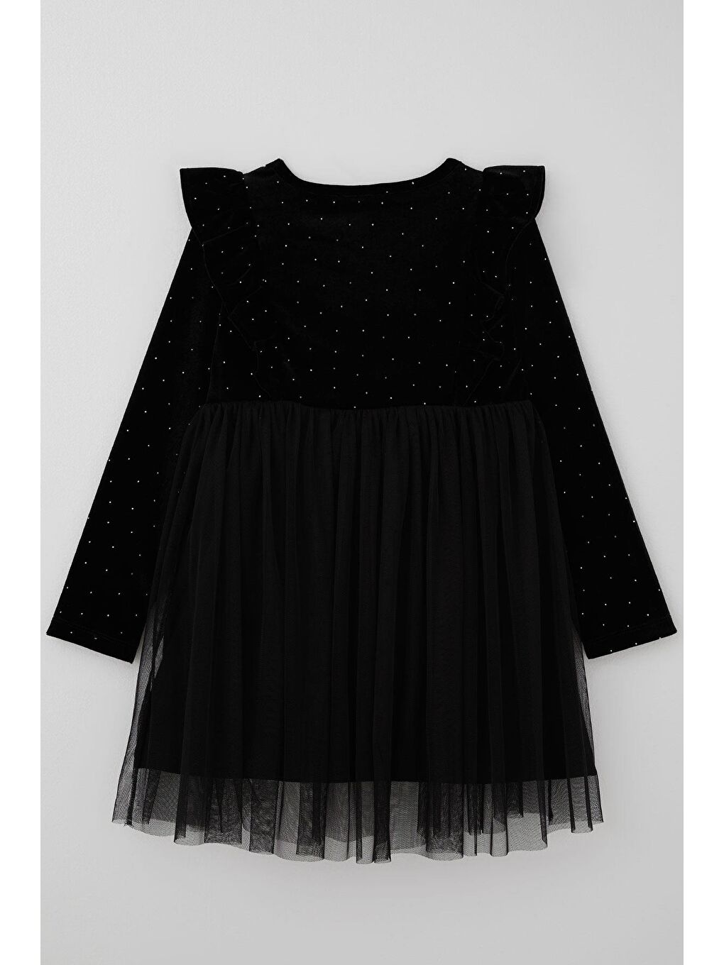 Kız Çocuk Uzun Kollu Kadife Elbise Taş Aksesuar Detaylı Tüllü Siyah (4-8 Yaş)-1