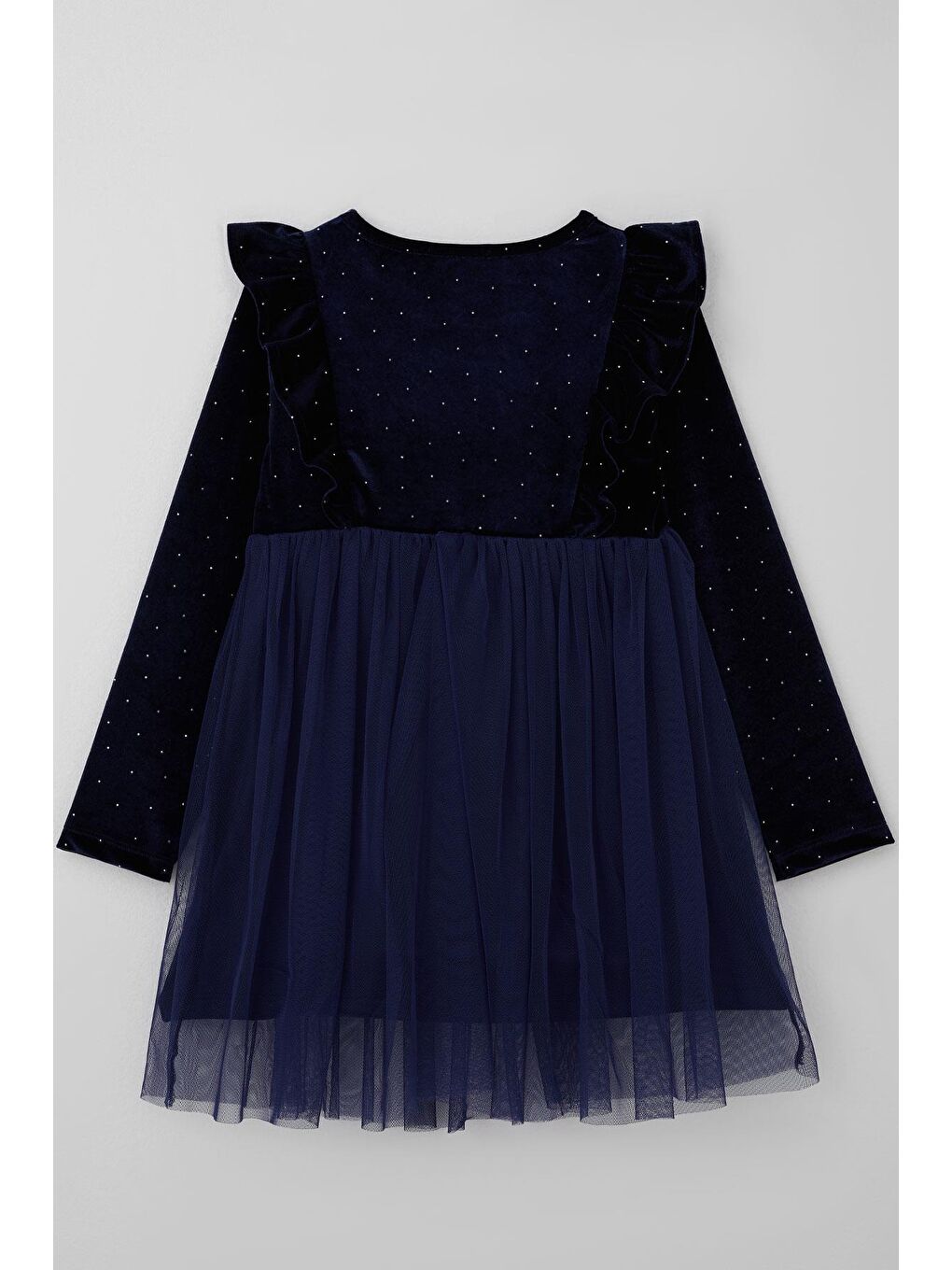 Kız Çocuk Uzun Kollu Kadife Elbise Taş Aksesuar Detaylı Tüllü Lacivert (4-8 Yaş)-1