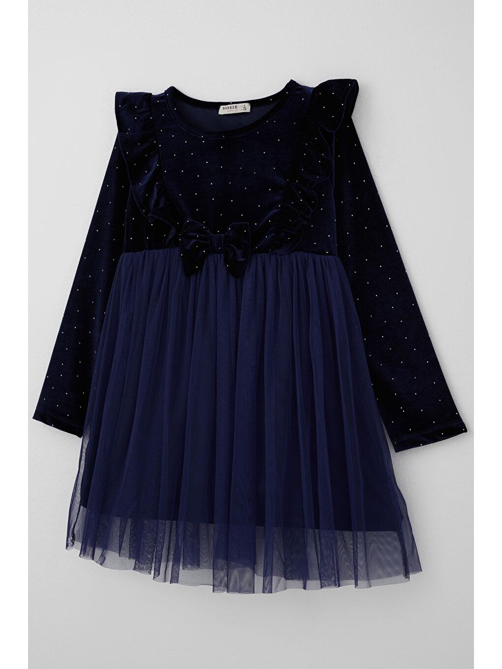Kız Çocuk Uzun Kollu Kadife Elbise Taş Aksesuar Detaylı Tüllü Lacivert (4-8 Yaş)-2