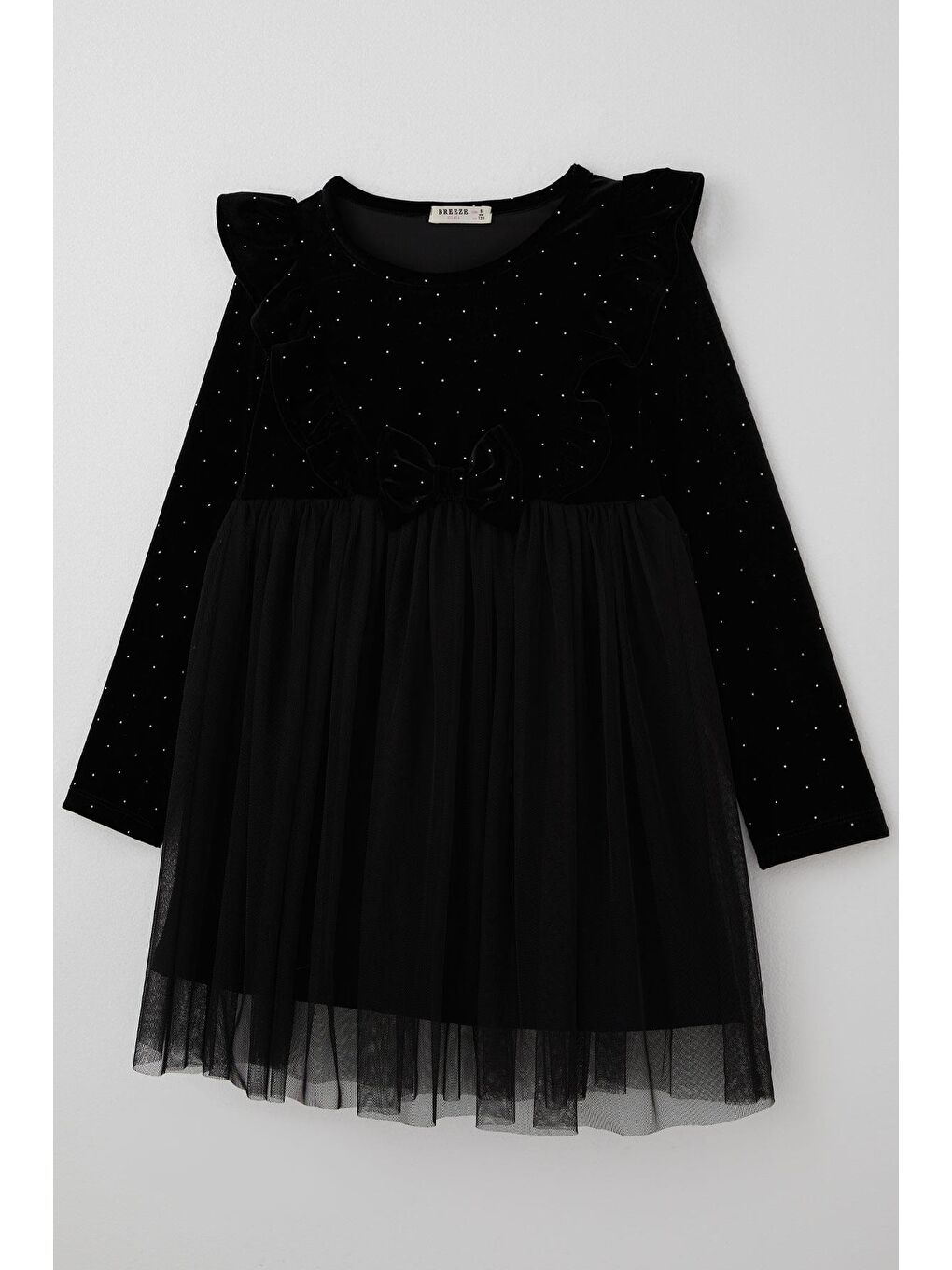 Kız Çocuk Uzun Kollu Kadife Elbise Taş Aksesuar Detaylı Tüllü Siyah (4-8 Yaş)-2