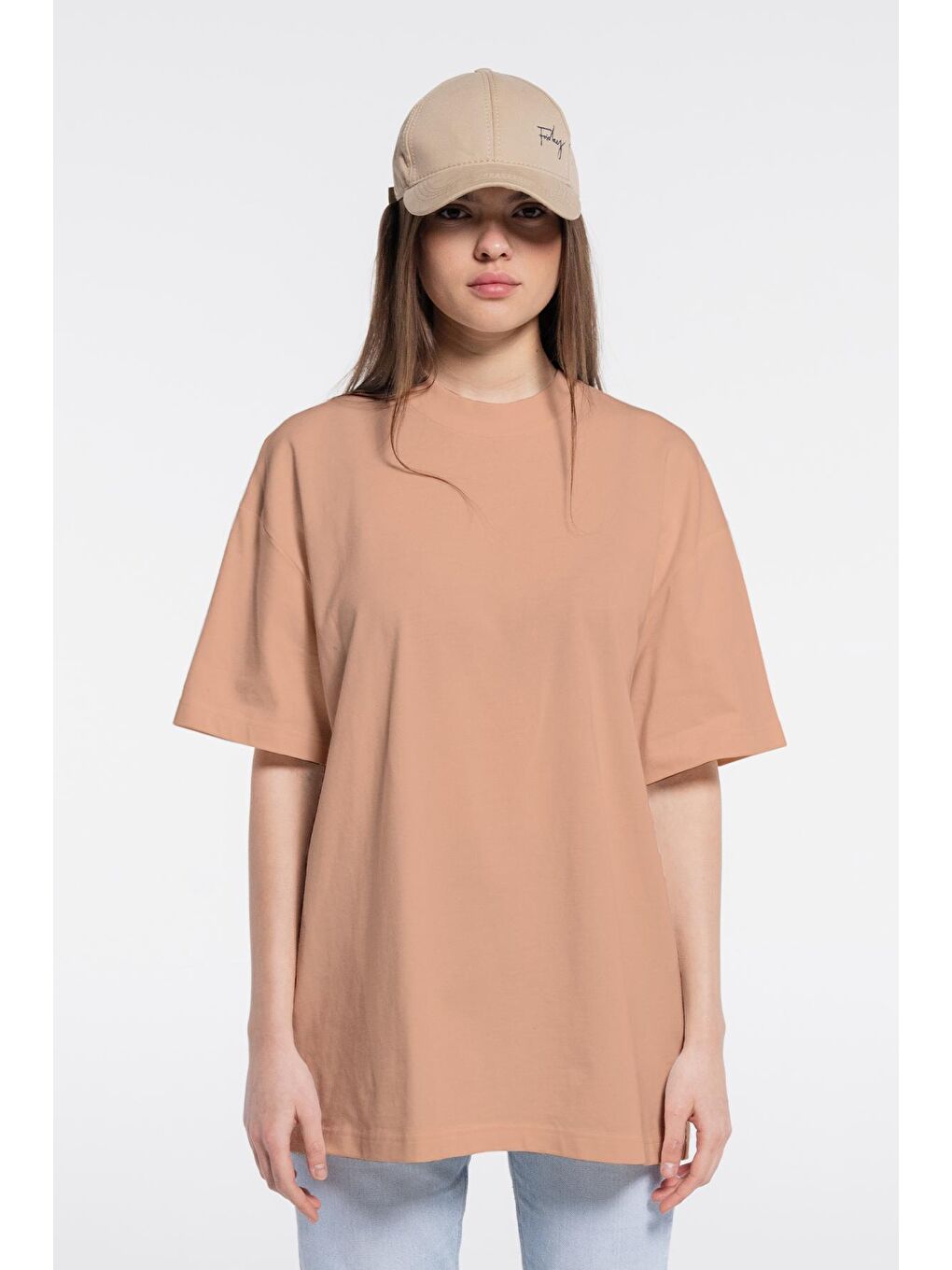 Pembe Soft Kadın Pudra %100 Pamuk Bisiklet Yaka Ekstra Oversize Tişört