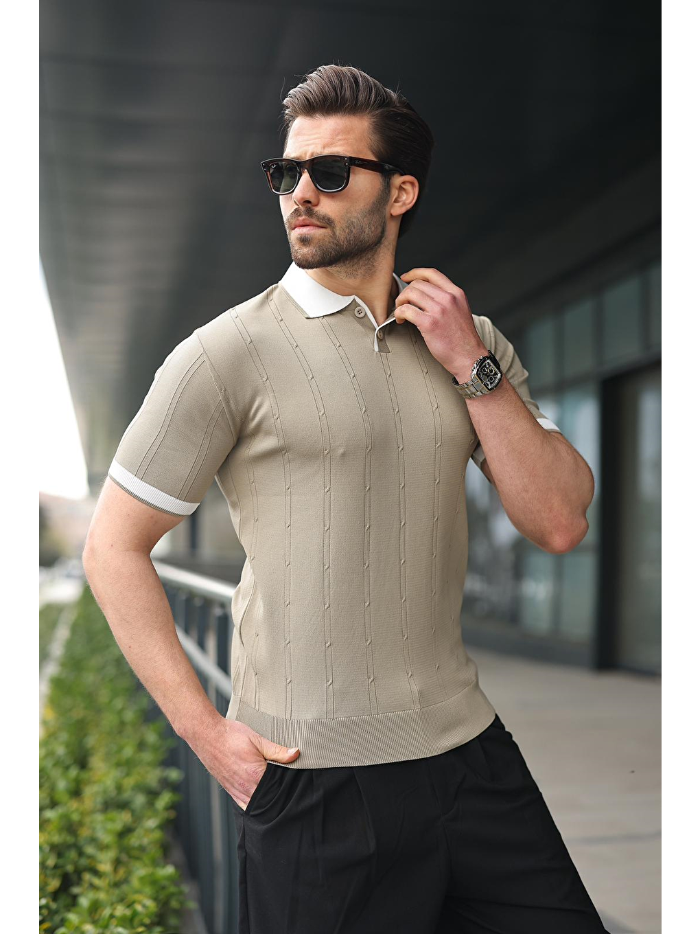 Bej Vizon Polo Yaka Triko Erkek Tişört E7470-4