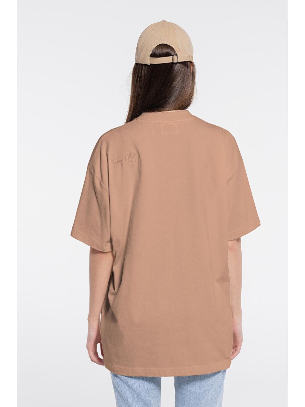 Pembe Soft Kadın Pudra %100 Pamuk Bisiklet Yaka Ekstra Oversize Tişört-1