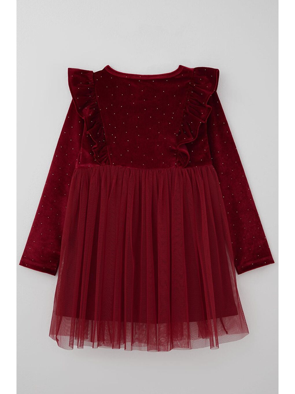 Kız Çocuk Uzun Kollu Kadife Elbise Taş Aksesuar Detaylı Tüllü Bordo (4-8 Yaş)-1