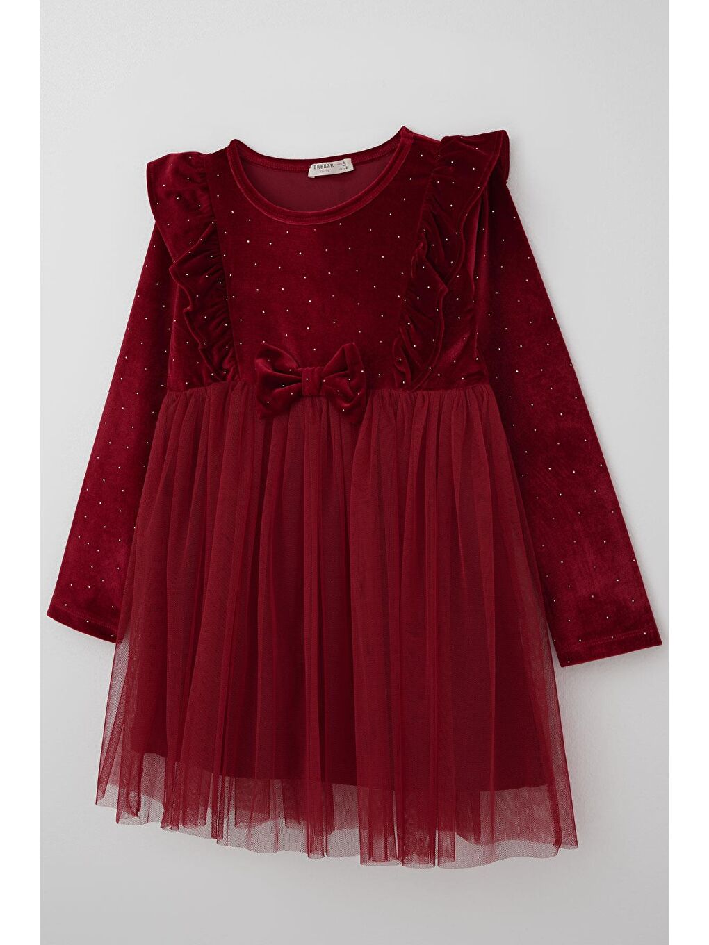 Kız Çocuk Uzun Kollu Kadife Elbise Taş Aksesuar Detaylı Tüllü Bordo (4-8 Yaş)-2