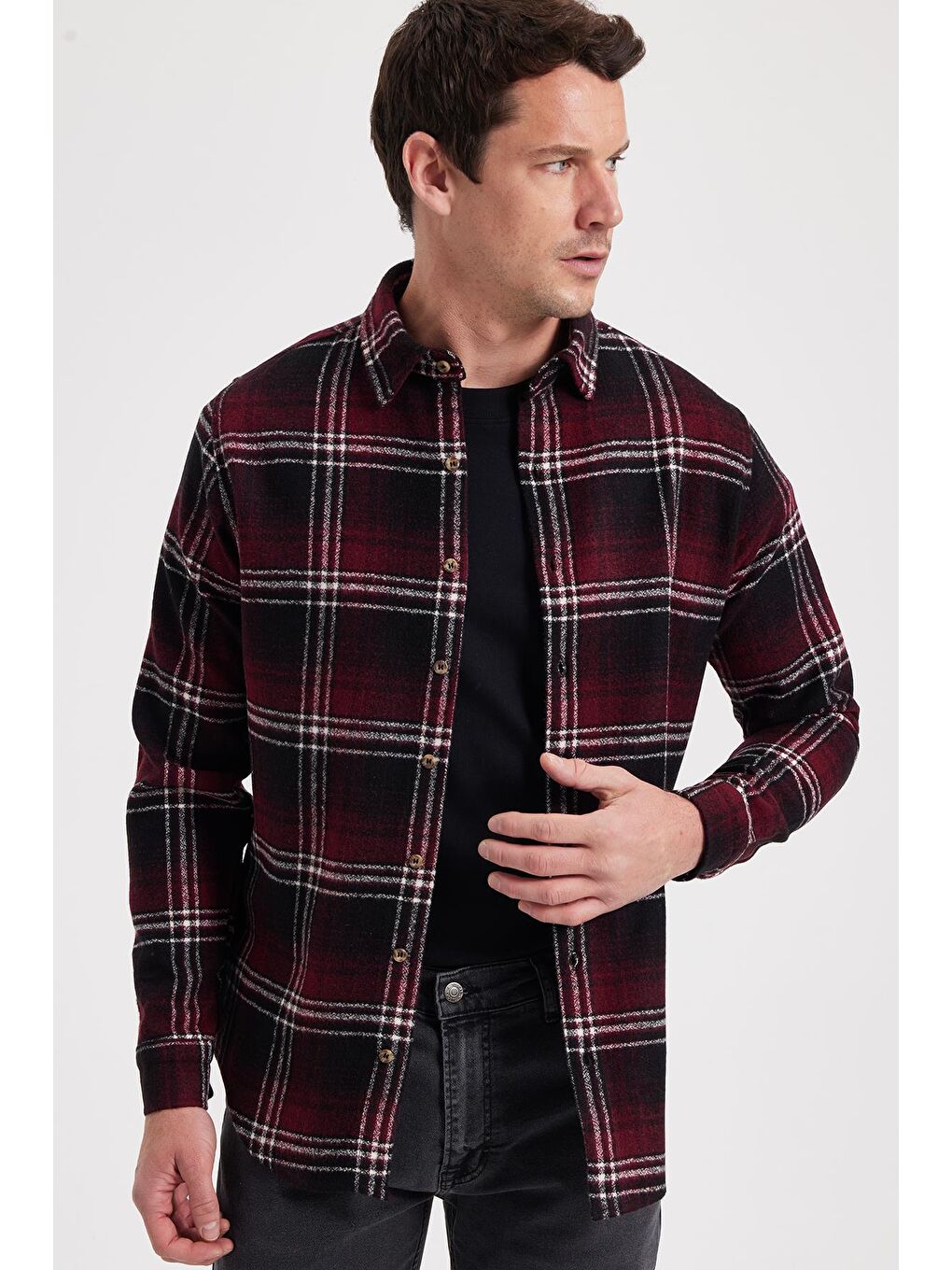 Bordo Erkek Slim Fit Dar Kesim Kareli Kışlık Oduncu Gömlek-1