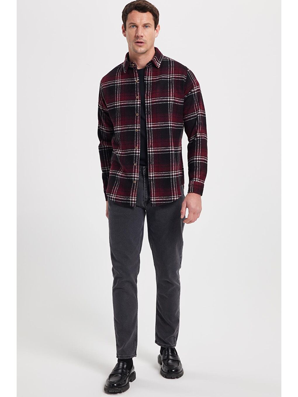 Bordo Erkek Slim Fit Dar Kesim Kareli Kışlık Oduncu Gömlek-2
