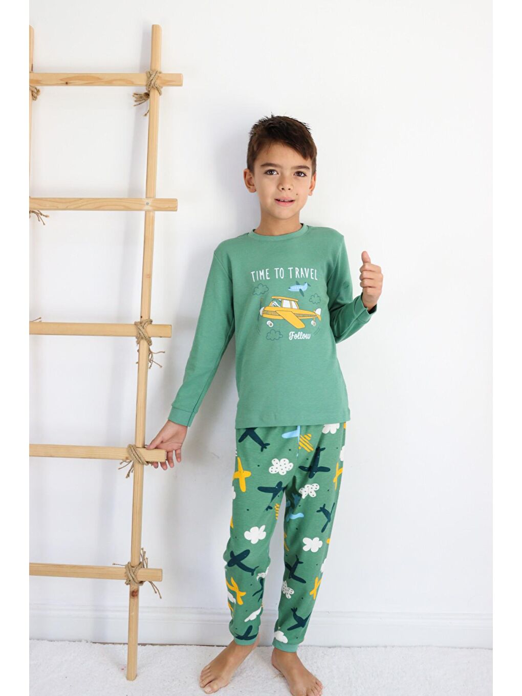 Yeşil Erkek Çocuk Baskılı Uçak Desen Pijama Takımı-1
