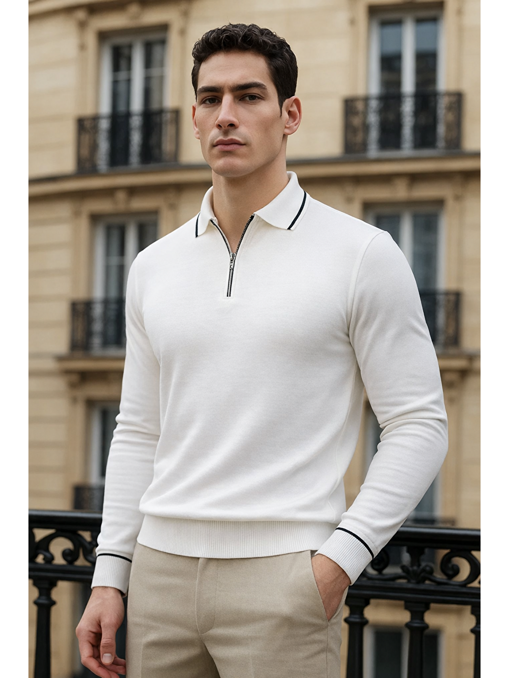 Erkek Trend Fermuarlı Beyaz Uzun Kollu Polo Yaka Tişört