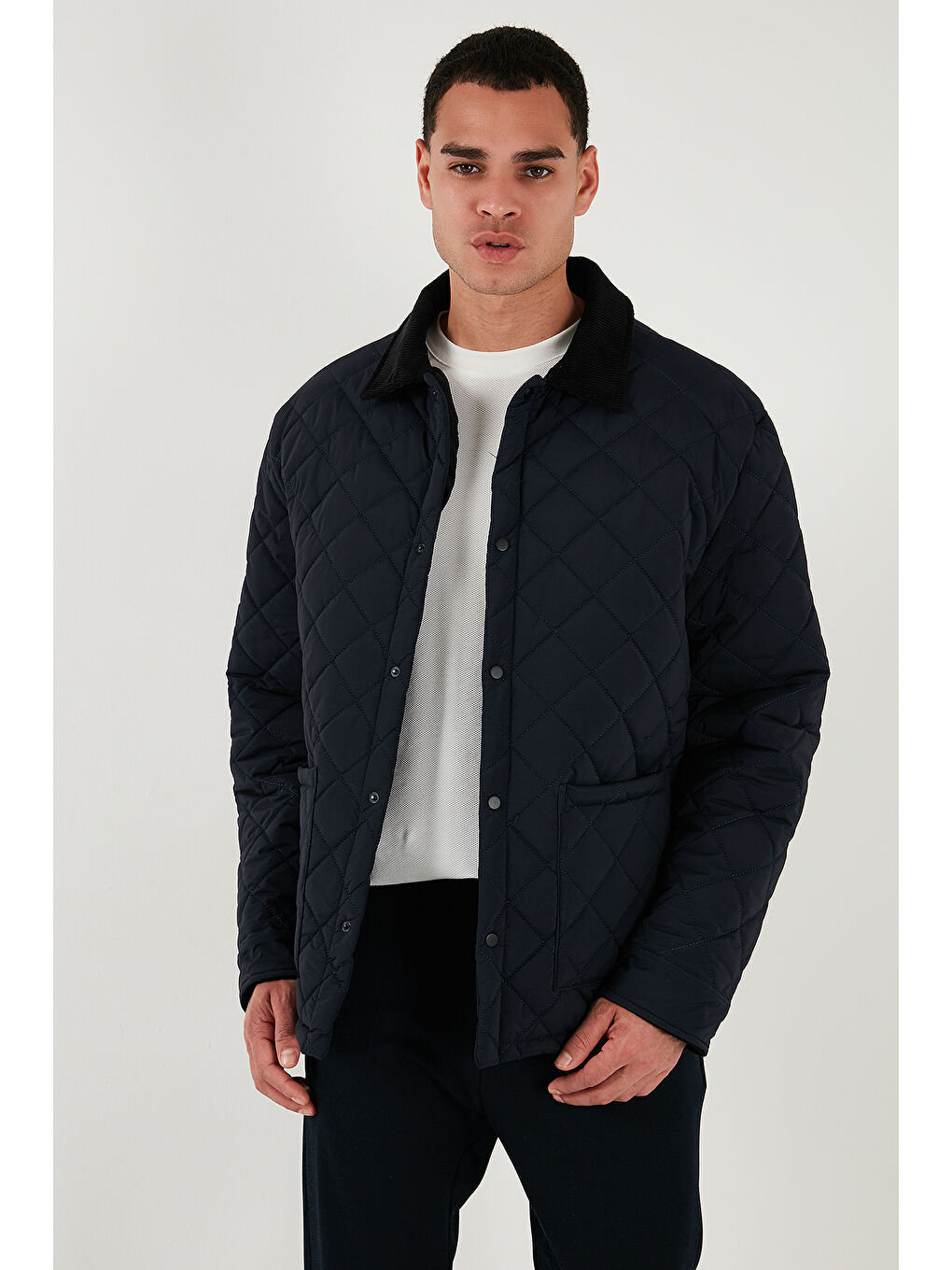 Lacivert Kapitoneli Regular Fit Kadife Detaylı Mont 497LEROY