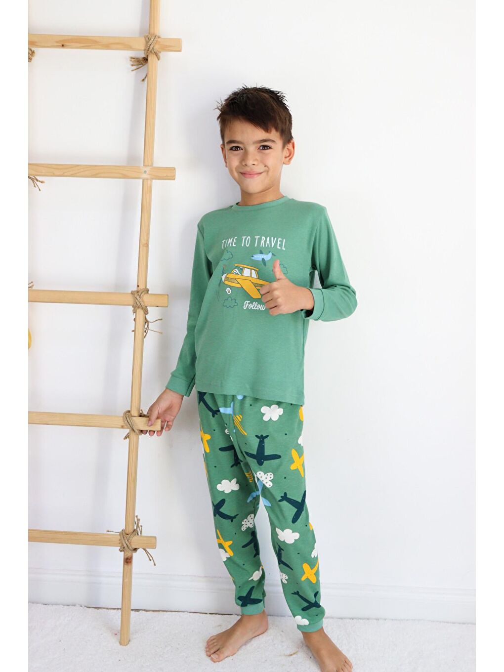 Yeşil Erkek Çocuk Baskılı Uçak Desen Pijama Takımı-2