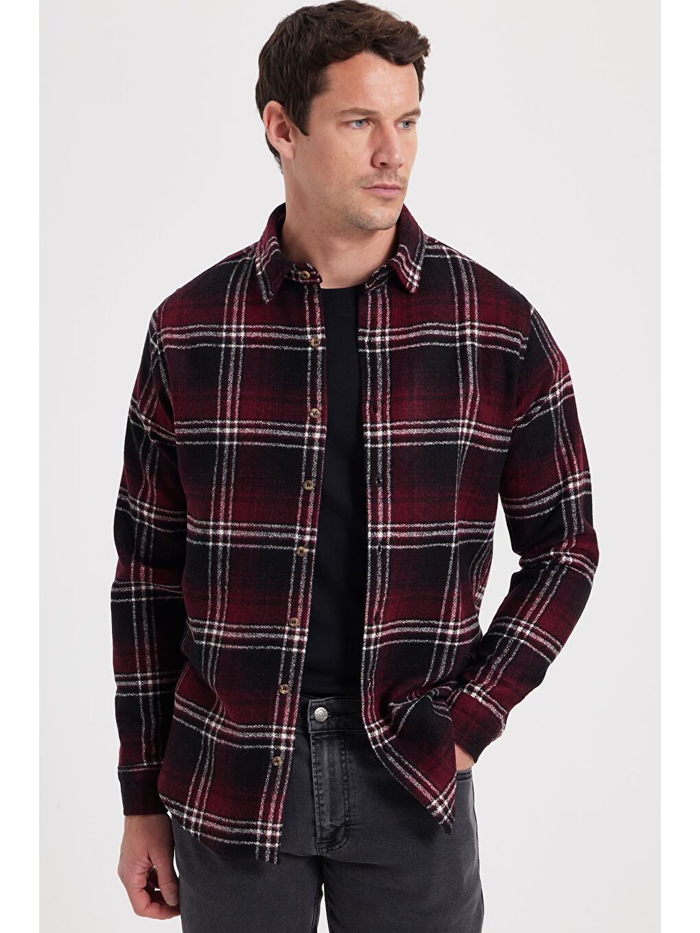 Bordo Erkek Slim Fit Dar Kesim Kareli Kışlık Oduncu Gömlek-6