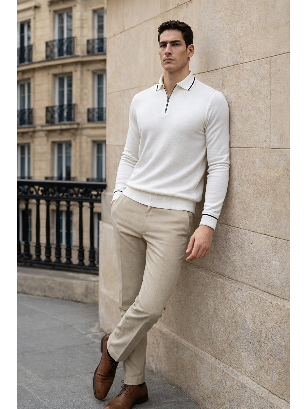 Erkek Trend Fermuarlı Beyaz Uzun Kollu Polo Yaka Tişört-2