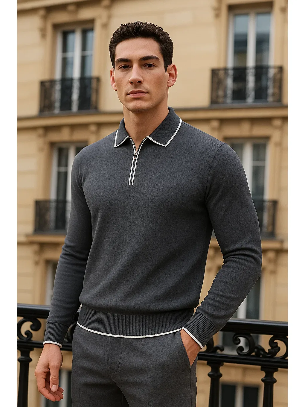 Gri Erkek Trend Fermuarlı Füme Uzun Kollu Polo Yaka Tişört