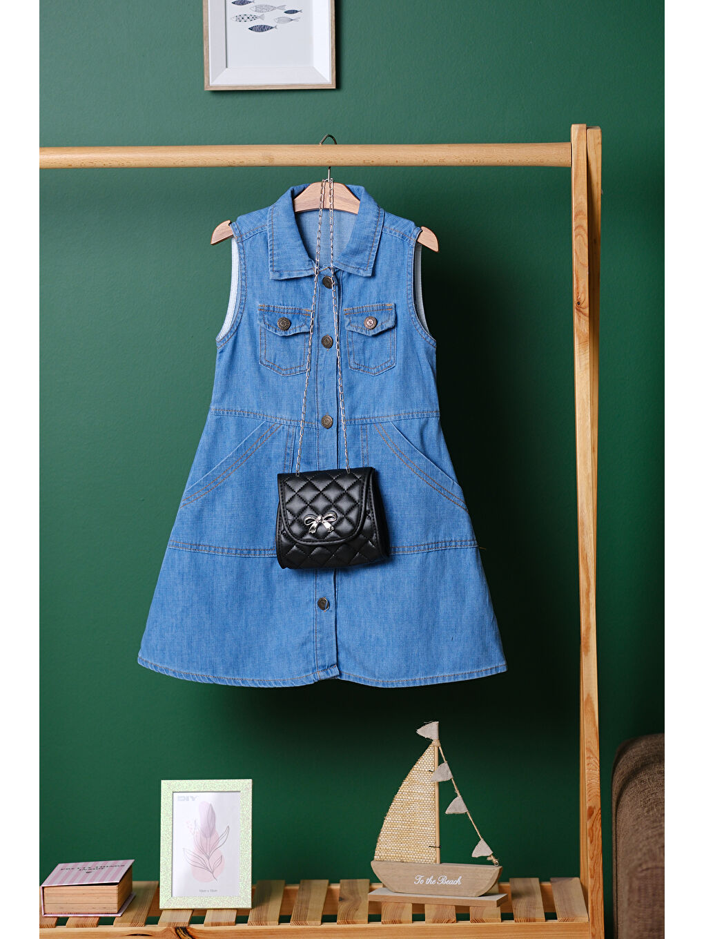 Turkuaz Kız Çocuk Çantalı Jean Elbise ELB 2210