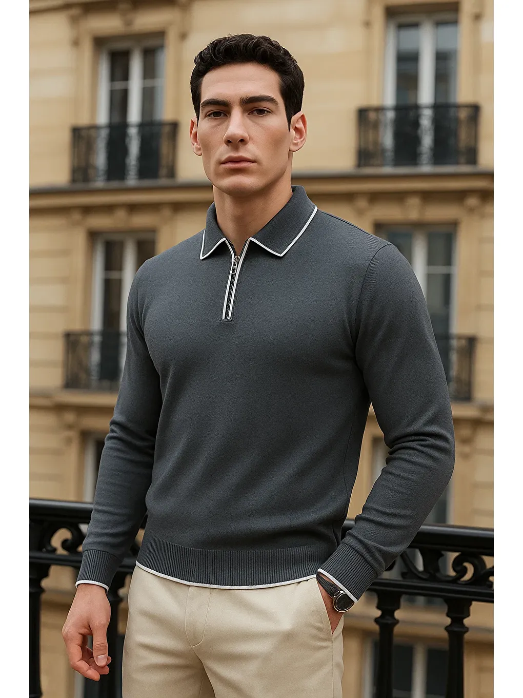 Gri Erkek Trend Fermuarlı Füme Uzun Kollu Polo Yaka Tişört-1
