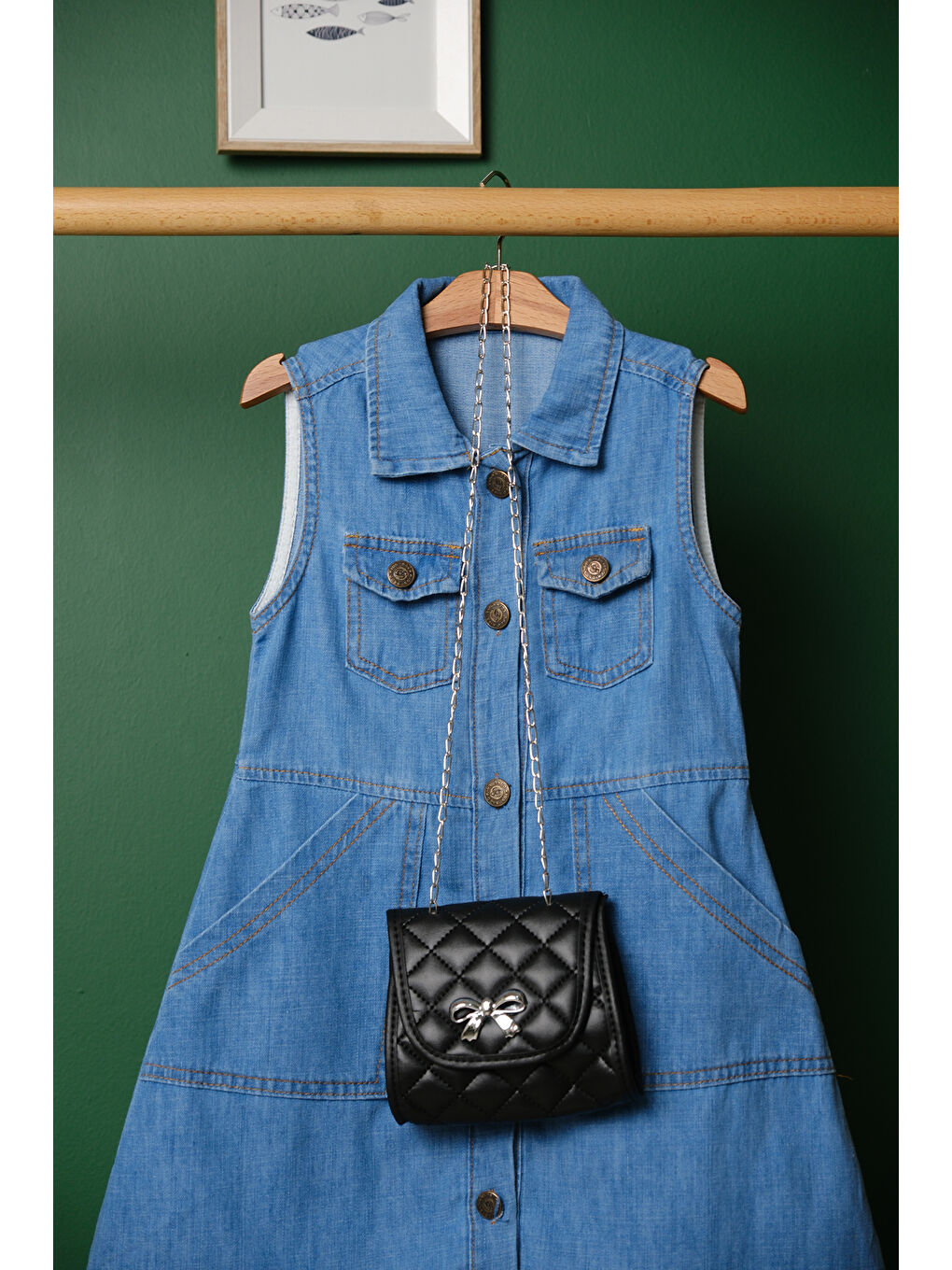 Turkuaz Kız Çocuk Çantalı Jean Elbise ELB 2210-1