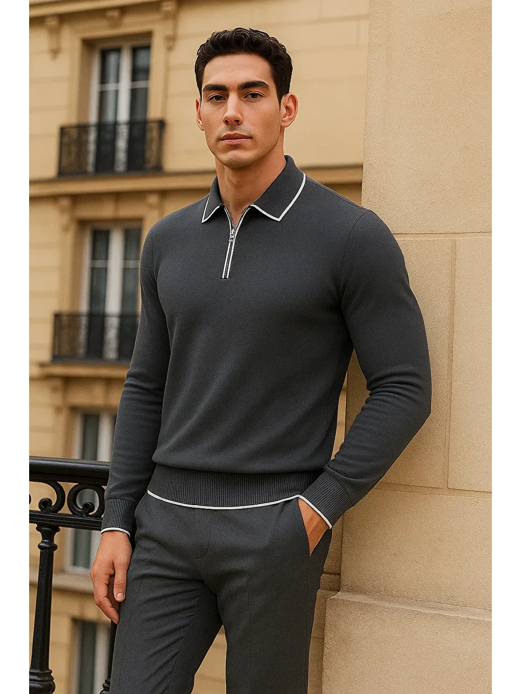Gri Erkek Trend Fermuarlı Füme Uzun Kollu Polo Yaka Tişört-2