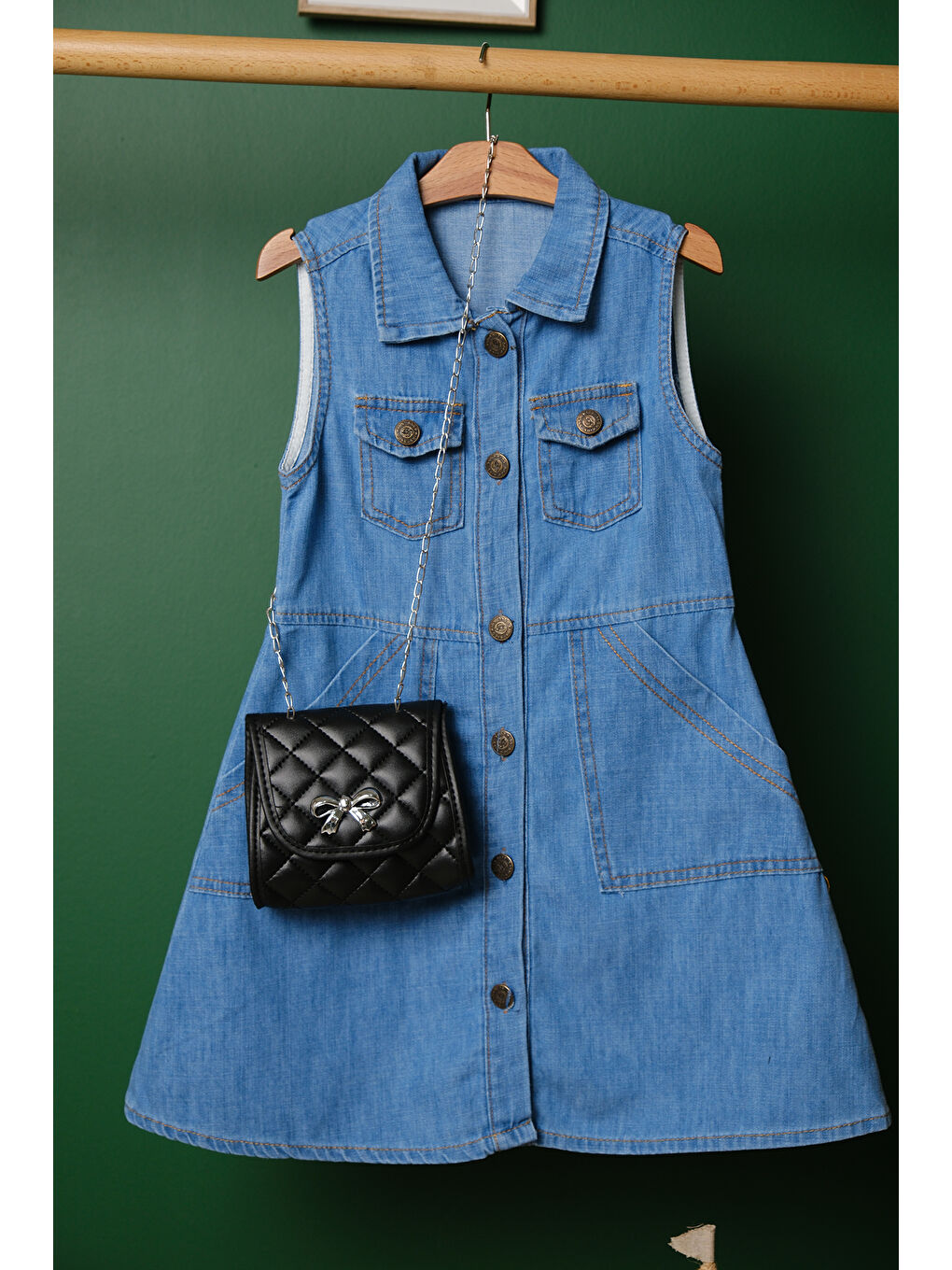 Turkuaz Kız Çocuk Çantalı Jean Elbise ELB 2210-2