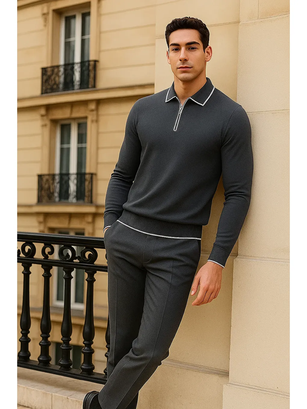 Gri Erkek Trend Fermuarlı Füme Uzun Kollu Polo Yaka Tişört-3