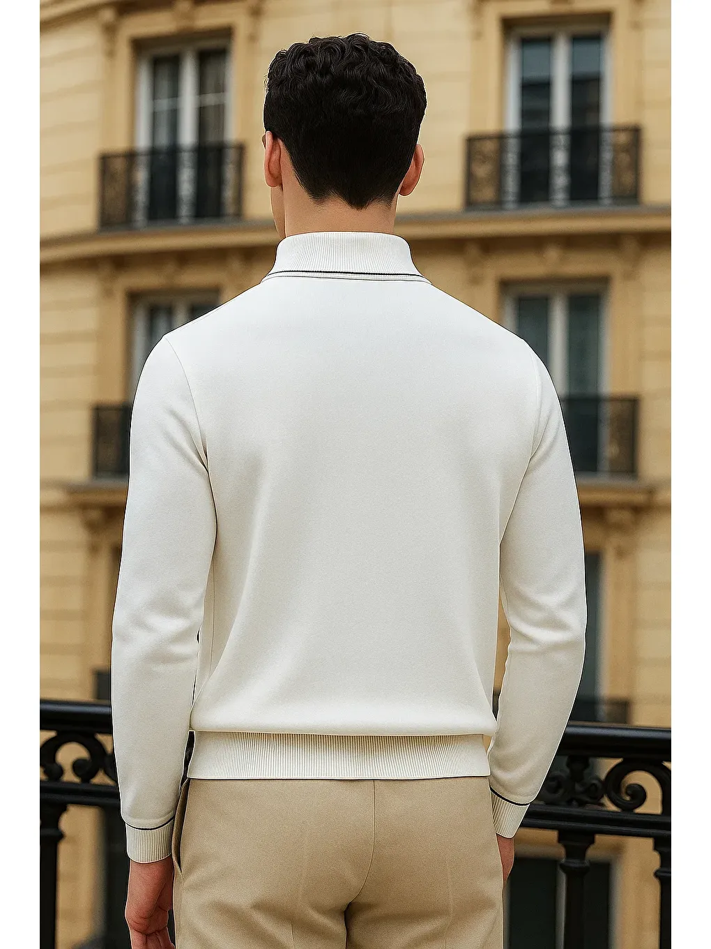 Erkek Trend Fermuarlı Beyaz Uzun Kollu Polo Yaka Tişört-4