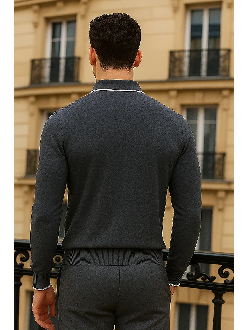 Gri Erkek Trend Fermuarlı Füme Uzun Kollu Polo Yaka Tişört-4