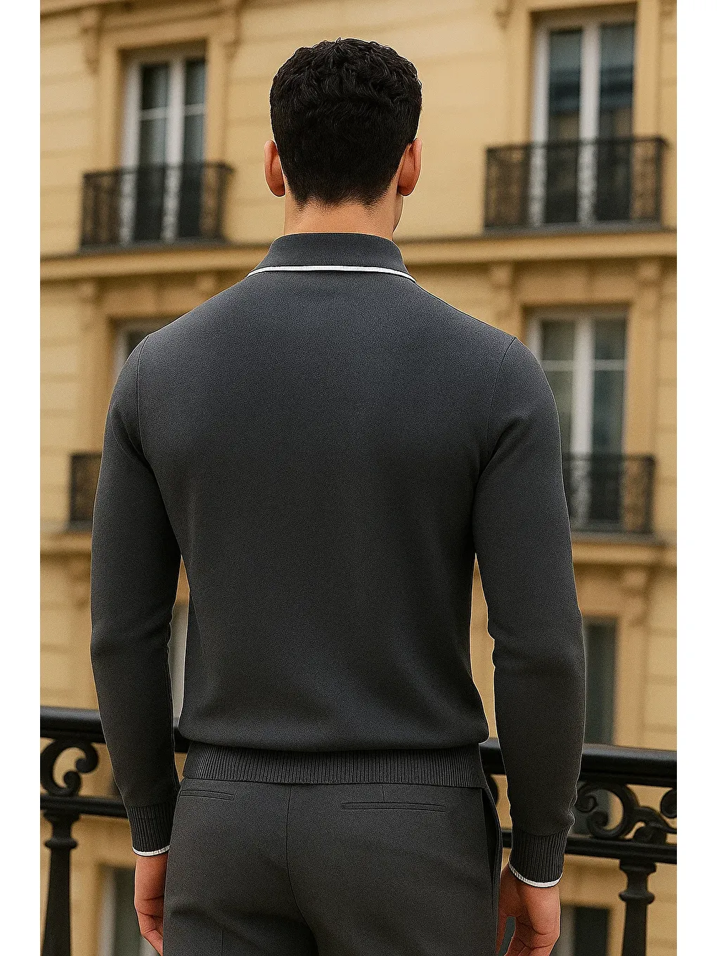 Gri Erkek Trend Fermuarlı Füme Uzun Kollu Polo Yaka Tişört-5