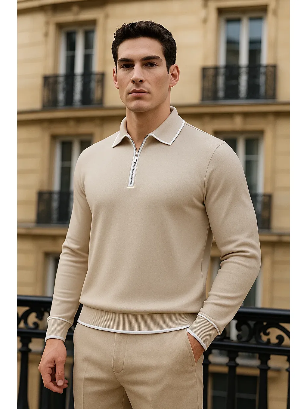 Erkek Trend Fermuarlı Bej Uzun Kollu Polo Yaka Tişört