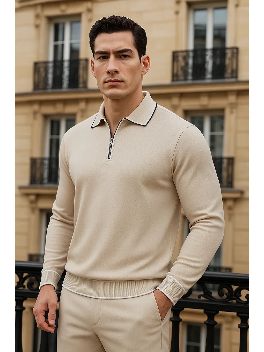 Erkek Trend Fermuarlı Bej Uzun Kollu Polo Yaka Tişört-1