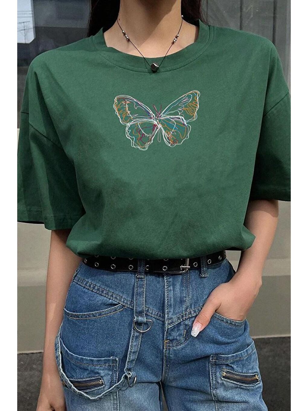 uyguntarz Yeşil Unisex Butterfly Baskılı T-shirt