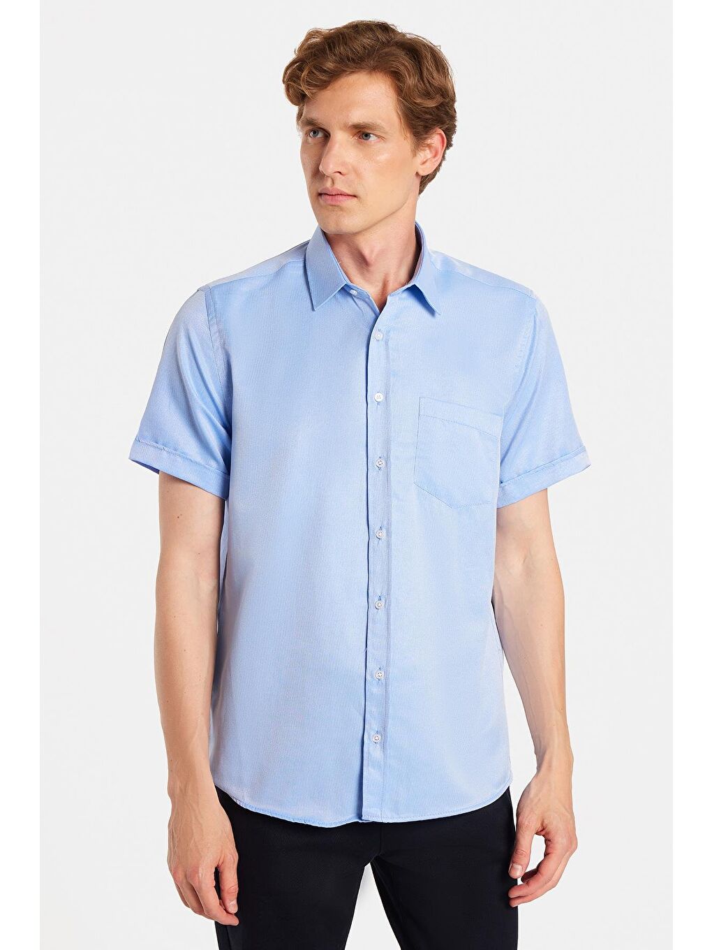 Erkek Regular Fit Klasik Kesim Kısa Kollu Pamuklu Tek Cepli Armürlü Mavi Gömlek-3