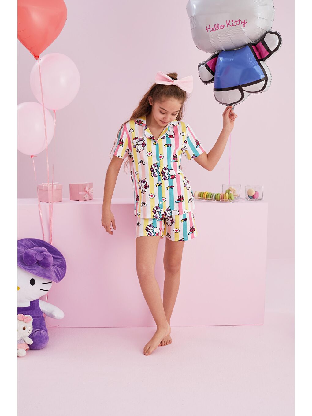 SİYAH İNCİ Karışık Hello Kitty Lisanslı %100 Pamuk Çok Renkli Düğmeli Şort Pijama Takım - 1