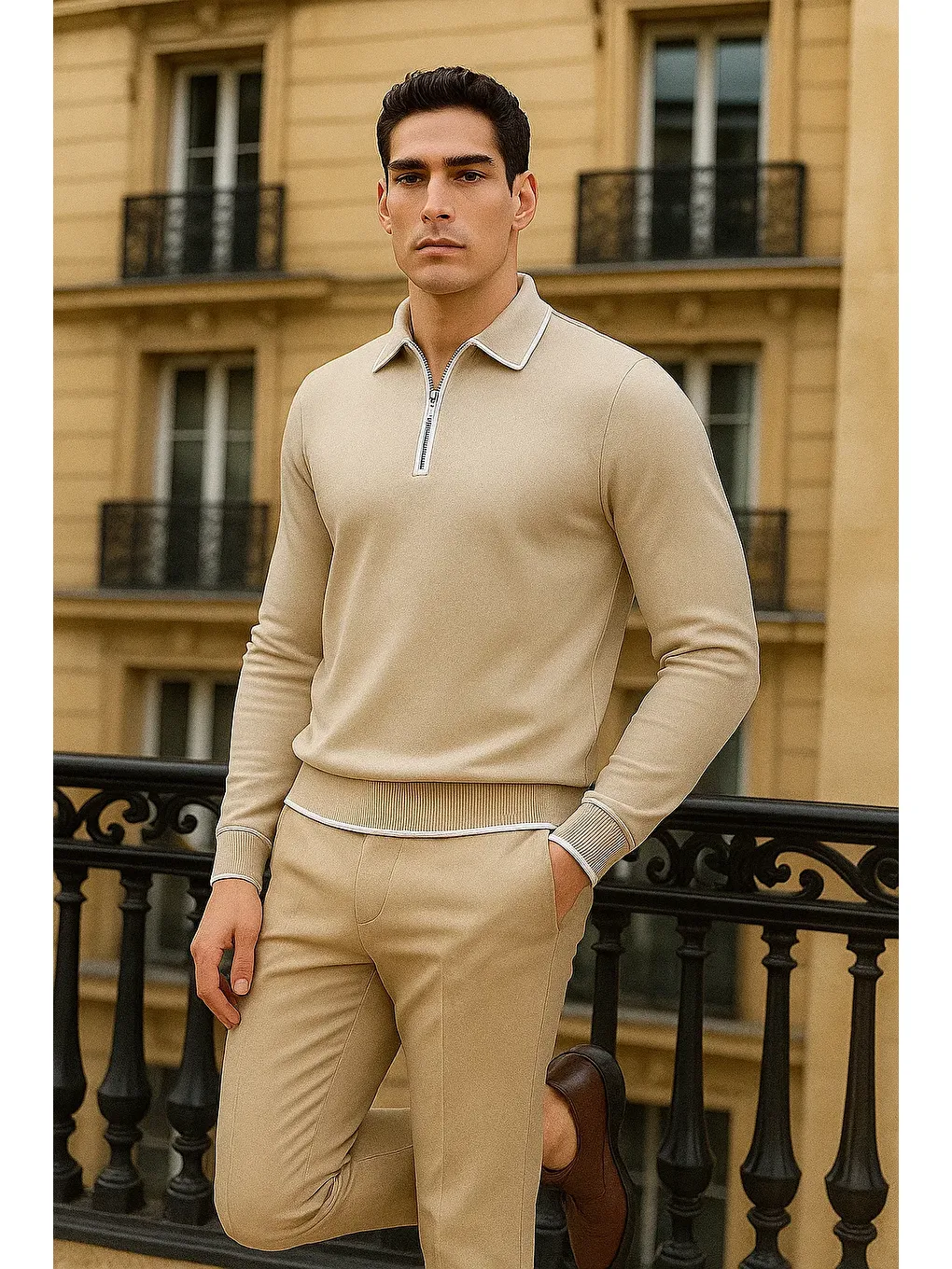 Erkek Trend Fermuarlı Bej Uzun Kollu Polo Yaka Tişört-3